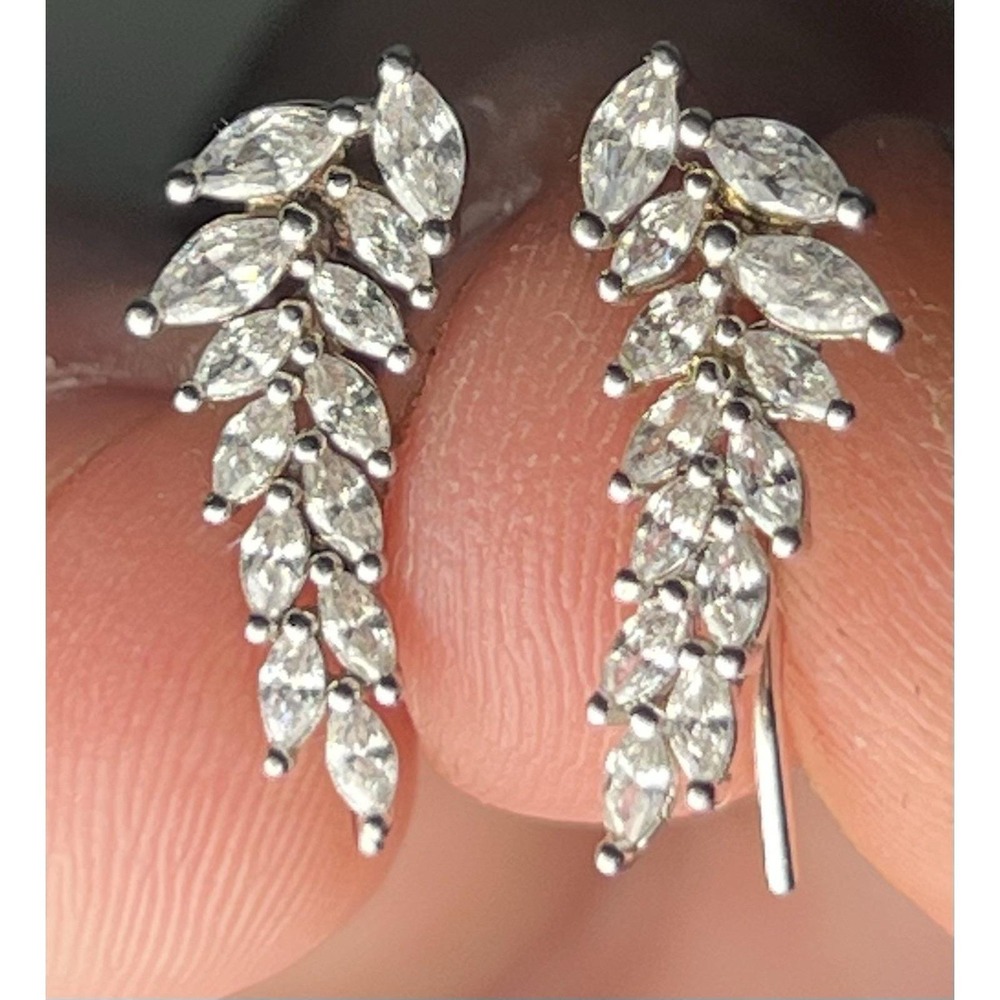 Sterling Silver Earring CZ 925 China Leaf Regal Art Deco Wedding Nature Hippy